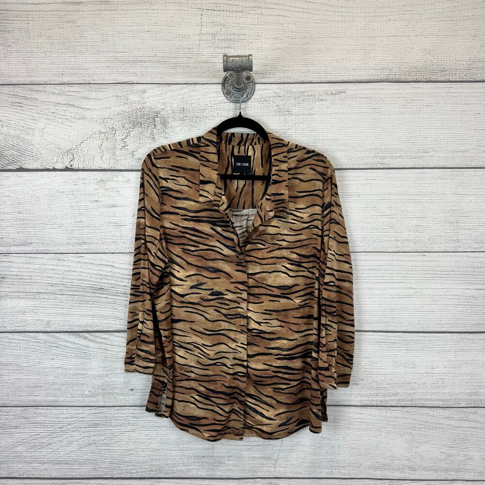 Nic & Zoe Women's Brown & Black Zebra Print Button Up Blouse Size Large